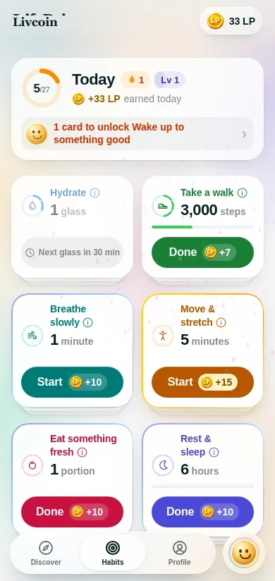 The Livcoin Habits screen with today's habit tasks.