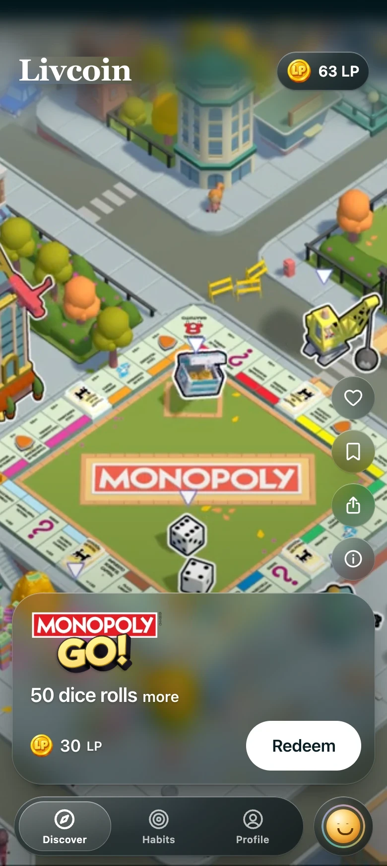 The Discover feed on MONOPOLY GO!: official footage of the game board under a clear glass panel, 50 dice rolls for 30 LP and a Redeem button.
