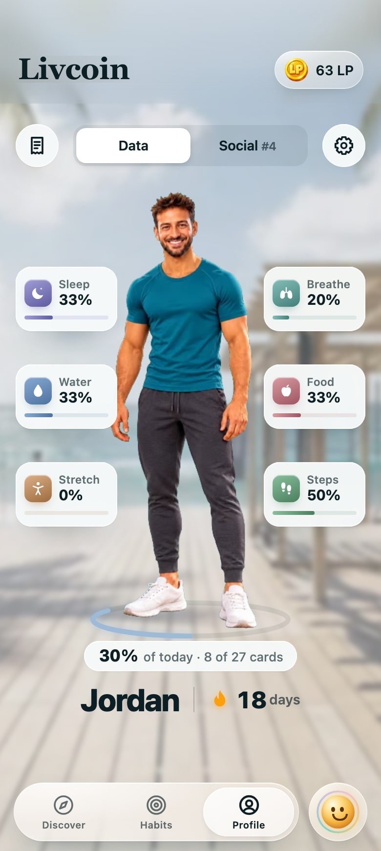 The Profile screen: the player's live avatar on the boardwalk, today's progress per habit around it (sleep, water, stretch, breathe, food, steps), 30% of today and an 18-day streak.