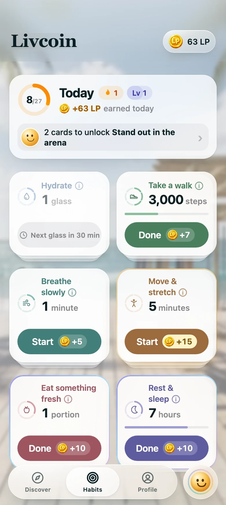 The Livcoin Habits screen on the boardwalk backdrop after a Take a walk task is done: 63 LP, 8 of 27 tasks today, and the next walk task ready.